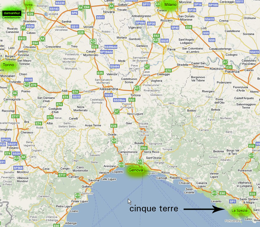 Detail map van Damanhur tot La Spezia