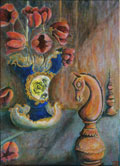 to Still life with chessmen and rococo vase, acrylic on linen, by Johan Framhout 