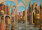 Chessmen city, oil on linen, 70cm x 50cm, by Johan Framhout