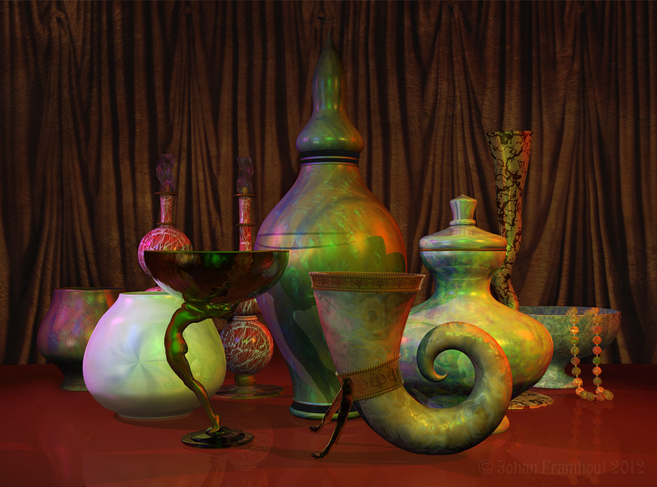 3D-art, Still Life with Vases, Pots, Perfume Bottles and a drinking horn