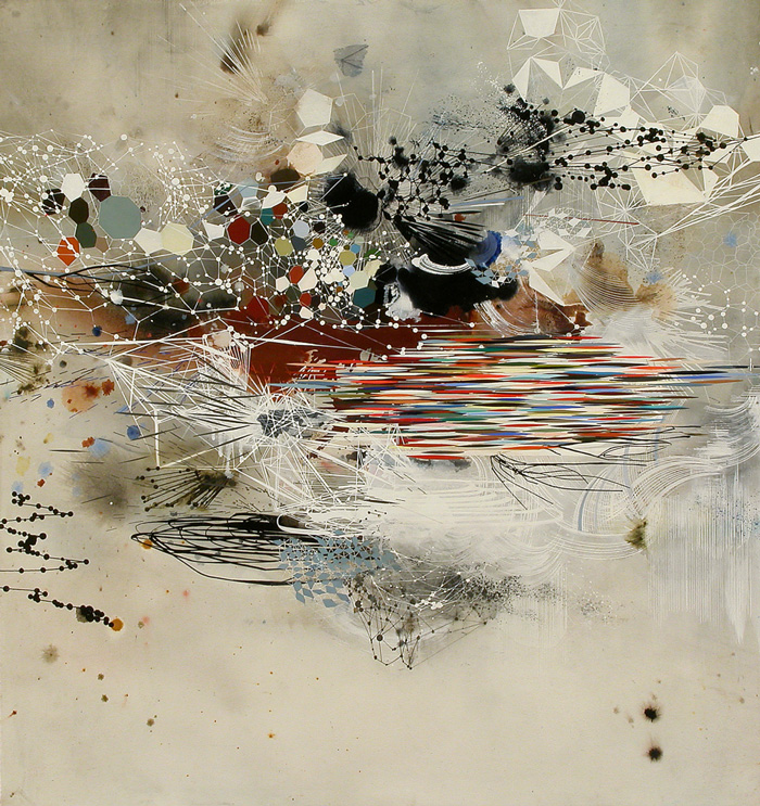 Reed Danziger, A varying Divergency (Oil, pencil, pigment, shellac on paper on wood)
